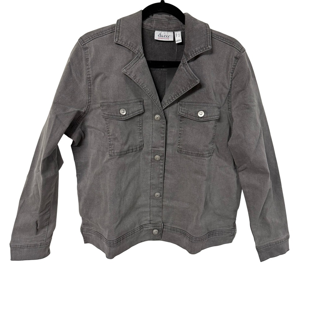 Denim & Co Adaptive Womens Large Gray Stretch Denim Jacket Hook Loop Closure NWT